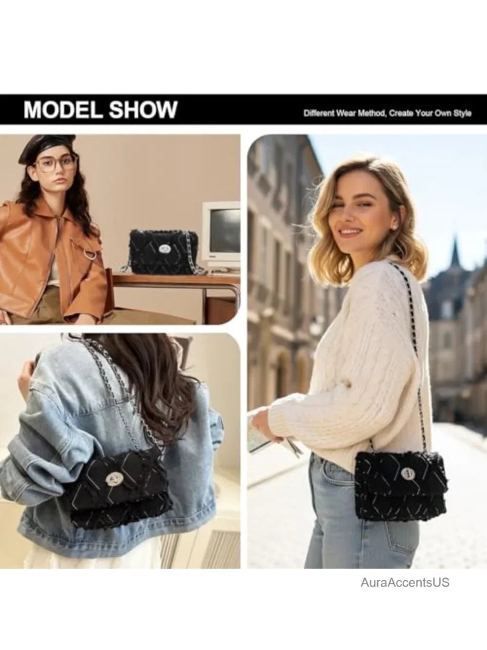 Denim Shoulder Bag Tassel Clutch Crossbody Handbag with Chain Strap